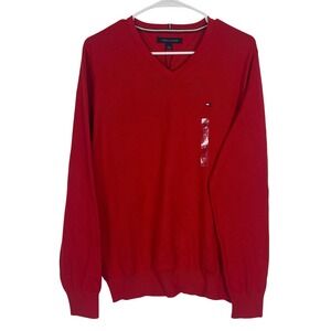 Tommy Hilfiger Sweater Mens MEDIUM Red V-Neck Cotton Knit Long Sleeve Preppy